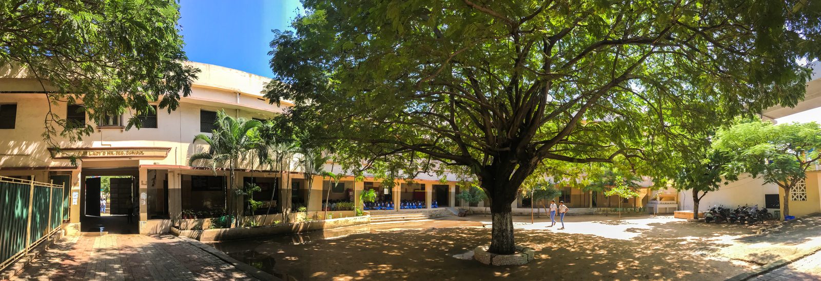 A wide view of the school grounds and buildings