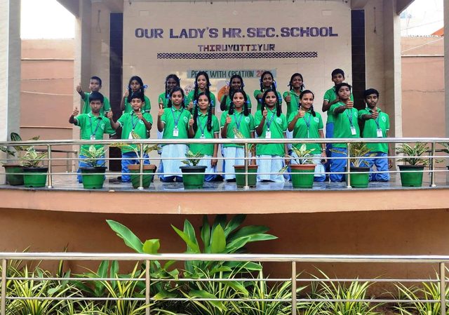 Green club members on stage holding potted saplings