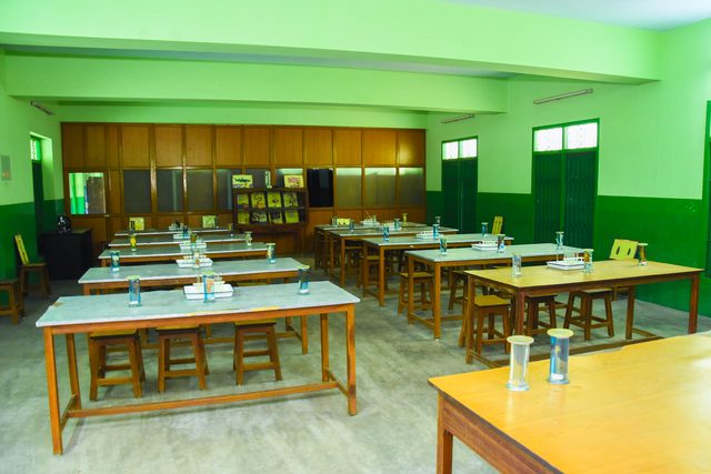 Laboratory tables set for practical work