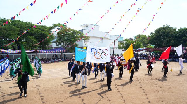 The march past, houses behind their flags